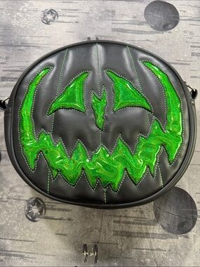 LOVE PAIN AND STITCHES PUMPKIN KING JACK HOLO GREEN HANDCRAFTED BAG